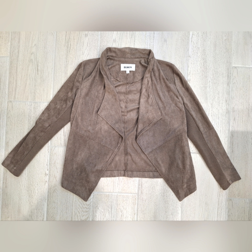 BB Dakota women's mocha tan brown suede open front jacket drape front small faux